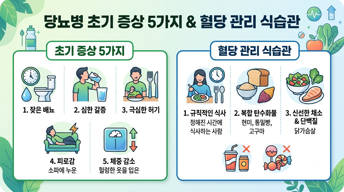 당뇨명의 증상 5가지와 혈당을 관리할 수 있는 방법을 적어놓은 모습의 사진