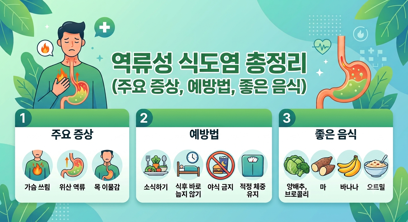 역류성 식도염에 관련된 정보들을 사진으로 간단하게 정리한 사진