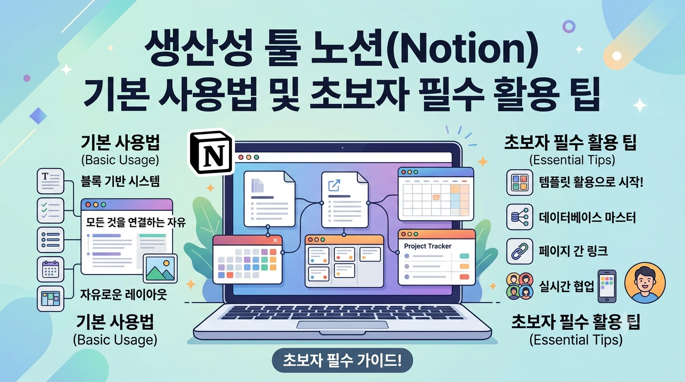 생산성 툴 노션(Notion) 기본 사용법 및 초보자 필수 활용 팁을 알려주는 이미지